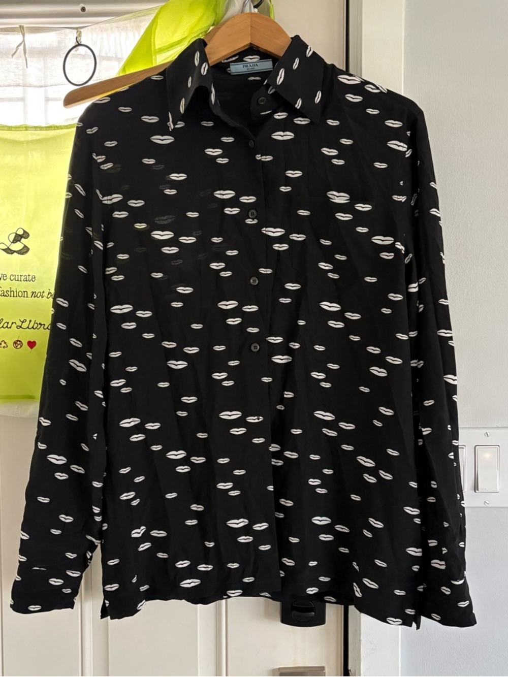 Prada Black Long-Sleeve Blouse with White Lip Print